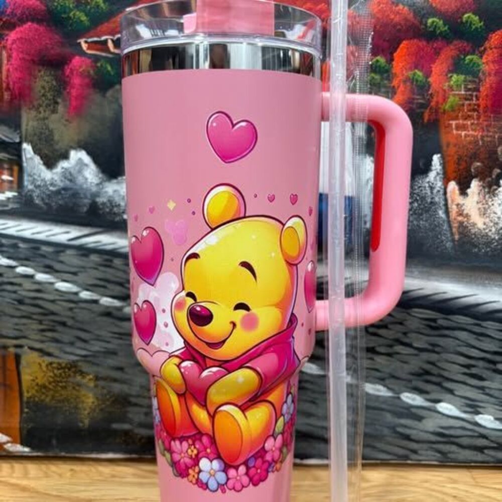 Winnie the Pooh–Inspired Pink 40 oz Tumbler with Handle & Straw